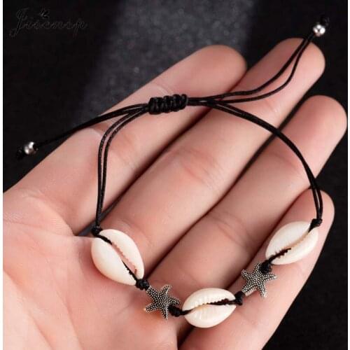 Jisensp Vintage Natural Beach Shells Charm Bracelet for Women Adjustable Metal Starfish Rope Bracelet Fashion Jewelry Gift