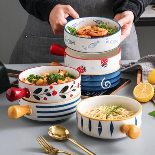 Nordic Ceramic Salad Bowl With Handle Breakfast Cereal Fruit Plate Pot Color Dessert Soup Noodle Bowl Microwave Oven Special