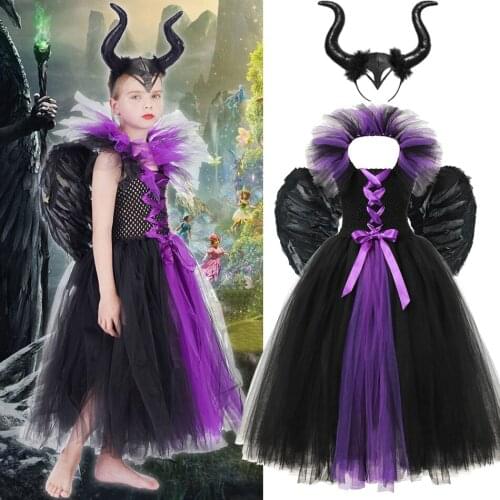 Halloween Costume for Kids Black Devil Tutu Costume Girls Fancy Tutu Dress with Feather Shawl Royal Maleficent Gown Dress