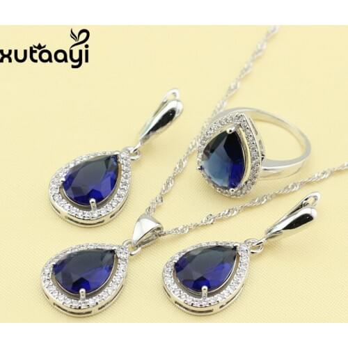 Good-Looking Water Drop Blue Zircon White Zircon, Silver Jewelry Set Ring Size 6/7/8/9/10 Christmas Gift