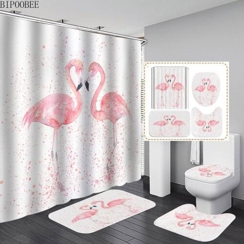 Lover Flamingo Printed Bathroom Curtains Set White Shower Curtain Non-slip Carpet Toilet Lid Cover Bath Mats Rugs Home Decor