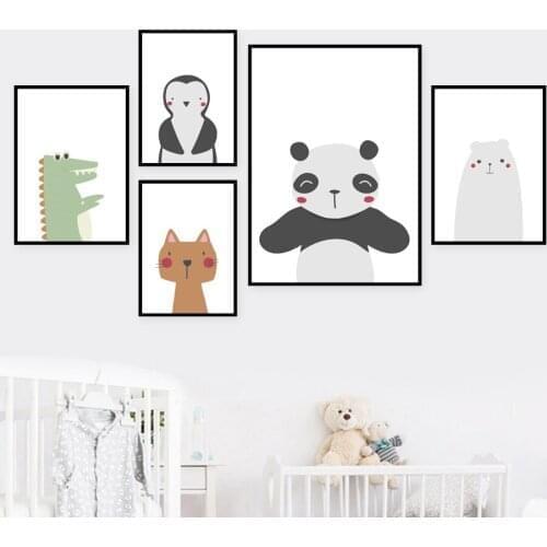 Cute Cartoon Animals Posters Panda Bear Cat Canvas Painting Nordic Wall Art Picture For Kids Nursery Baby Room Decor No Framed