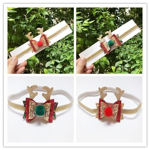 10pcs ins Fashion Cute Glitter Reindeer Ears Bow Headbands Pom Pom Bowknot Soft Hairbands XMAS New Year Party Hair Accessories