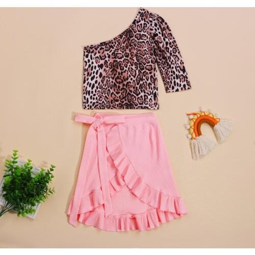 Fashion Baby Girls Clothes Set Leopard One Shoulder Long Sleeve Top Ruffle Skirt Outfits Children Girls Costumes Suit