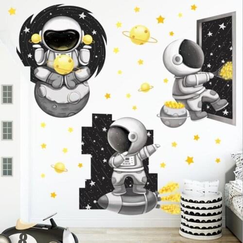 Cartoon Astronaut Spaceship Wall Stickers Black and White Planet Boys Girls Room Kindergarten Layout Stickers Decoration