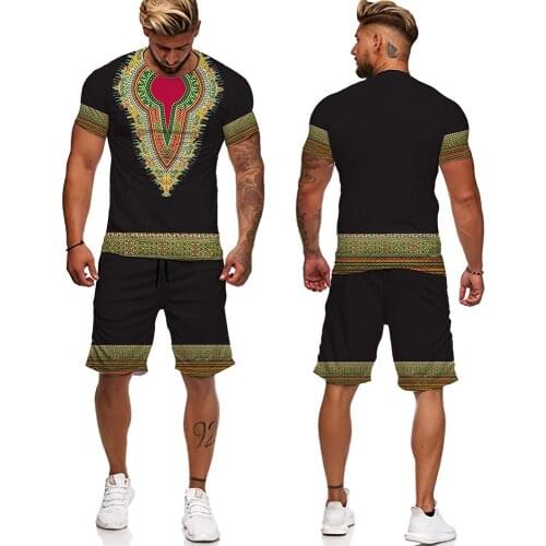 Mens 3D Dashiki Print T-shirt + Shorts Set Dashiki African Indian Folk-custom Clothes Short Suit Couple Tracksuit