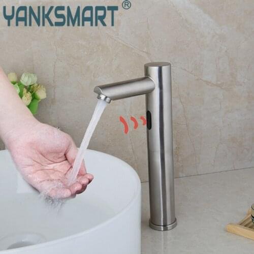YANKSMART Nickel Brushed Basin Sink Bathroom Automatic Faucet Deck Mounted Cold And Hot Water Mixer Sensor Faucets Bathtub Tap