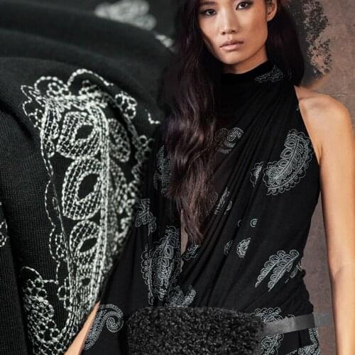 Knitted stretchy couture fashion embroidery paisley pattern fabric,black and white,sewing for t-shirt,dress,craft by the yard