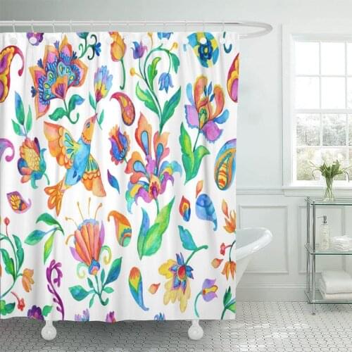 Watercolor Wild Rose Nightingale Birds Leaves Paisley on Flower Shower Curtain Waterproof Polyester Fabric 60 x 72 Inches Set