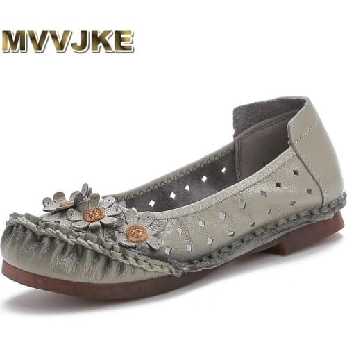 MVVJKE Summer new womens shoes national wind leather womens shoes breathable comfortable non-slip soft bottom peas shoes