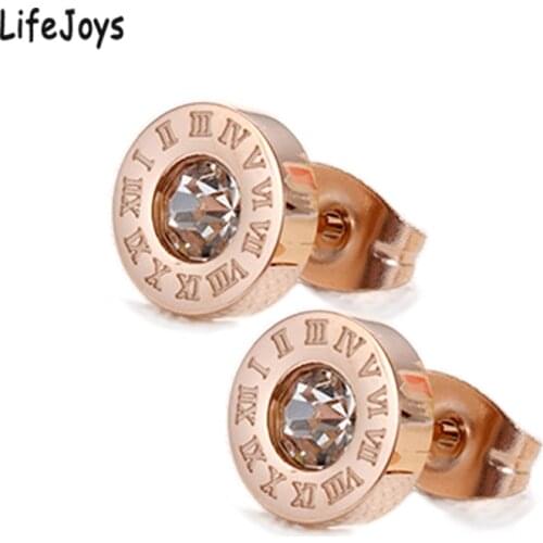 Roman Numeral Earrings Stainless Steel Big Zirconia Earrings Studs Brand Jewelry 8mm Round Rose Gold For Women High Quality