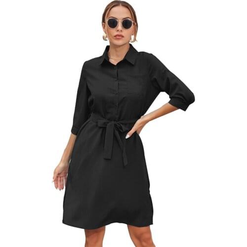 Office Lady Dress Three Quarter Sleeve Summer Dress Solid Color Casual Mid Dress For Women 2021 Slim Belt Dress Streetwear
