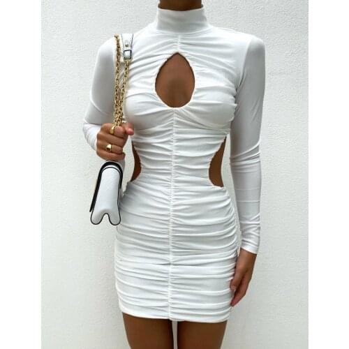 2021 New Summer Women Fashion White Sexy Hollow Out Turtleneck Full Sleeve Mini Bandage Dress Celebrity Evening Party Dresses Vi