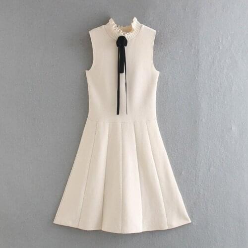 Pinkou Women Sweet Bow Tie Knitted Dress Ruffled Collar Sleeveless Preppy Style Cute Casual Sheath Mini Dresses Vestidos QA29