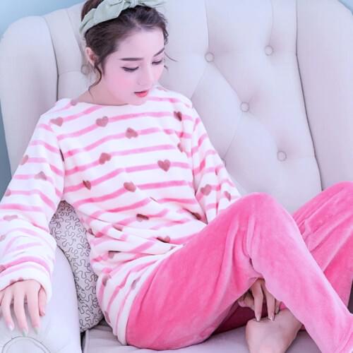 H5768 Winter Coral Velvet Pajamas Long Sleeves Women Warm Home Clothes Set Flannel Autumn Thickened Lovely Comfortable Sleepwear