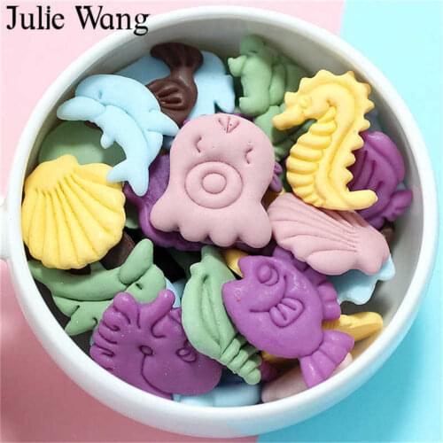 Julie Wang 20PCS Resin Sea Animal Charms Random Mixed Shell Fish Turtle Squid Seahorse Flat Back Jewelry Making Accessory Decor
