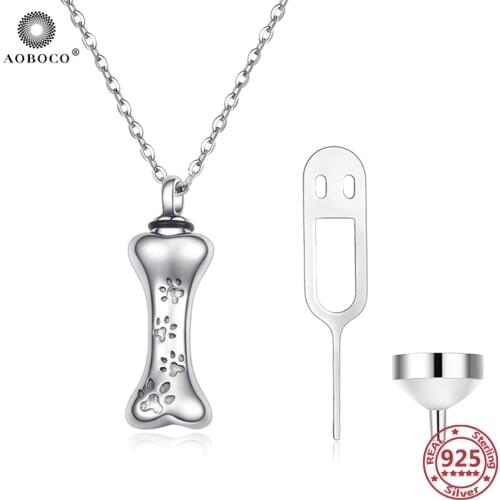 AOBOCO S925 Dog Bone Urn Necklace 925 Sterling Silver Urn Necklaces for Ashes Pet Ash Casket Cremation Pendants Memorial Jewelry