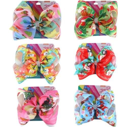 NEW Christmas hair Bows Printed 8inch Large bowknot for Girls Rhinestone Knotted Ribbon Bows with clip Hair accessories 12pcs