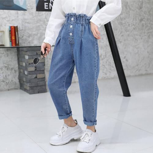 Children Girl Pants Summer Toddler Kids Elastic Ruffle Waist Belted Baggy Trousers Elegant Pants for Girls 2 -10Years jeans