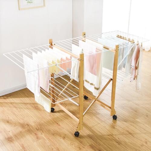 Beech wood framework solid wood clothes hanger solid wood card slot floor folding indoor clothes hanger durable iron plate house