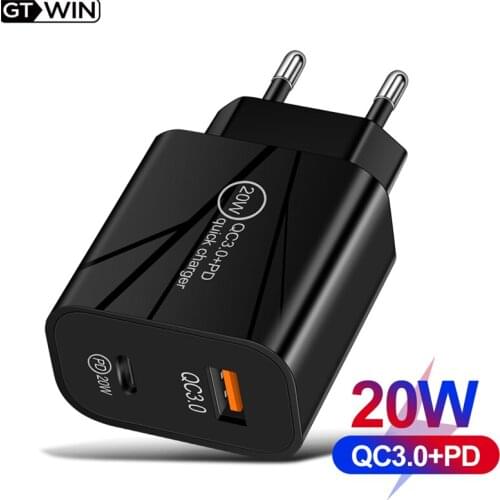 GTWIN PD20W Mobile Phone Charger Quick Charge QC 3.0 Fast Charging EU US Plug Adapter Wall USB Charger For iPhone Samsung Xiaomi