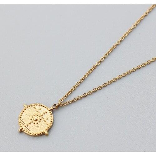 Boho Style Carved Gold Pendant Necklace Stainless Steel Round Necklace for Women Girls Goddess Worship Celebrity Medal Jewelry