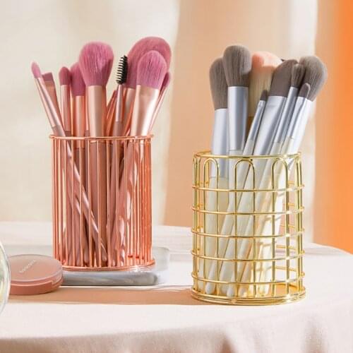 Cosmetics Storage Makeup Brush Holder Rose Gold Wrought Iron Round Eyeliner Lipstick Brushes Pen Pot Organizer Basket Box