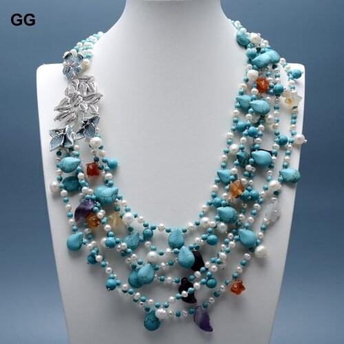 GG Jewelry 20" 6 Strands Pearl Blue Turquoises Red Carnelian Agates Amethyst Real Gems Necklace For Women CZ Flower Connector