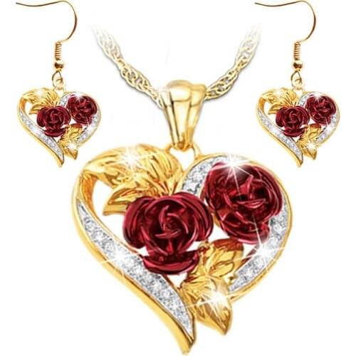 MIQIAO 18K Gold Plated Love Heart Rose Flower Piercing Earring Hook Pendant Collar Chain Necklace Jewelry Sets for Women Wedding