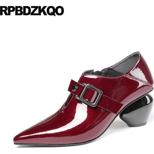 Pointed toe strap women pumps plus size patent leather 2019 black 10 42 high heels mules slipper wine red sandals shoes thick