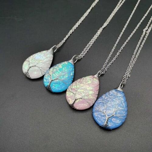 Natural purple Quartz Opal Stone Pendants Handmade Rose Gold Color Tree of Life Wrapped Drop Shaped crystal pendant necklace