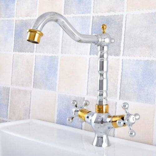Basin Faucets Gold Silver Brass Double Cross Handle Bathroom Sink Faucet Swivel Spout Bathbasin Vanity Mixer Taps Nsf812