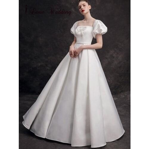 Vintage Simple Satin Wedding Dress Pearls Puff Sleeve Boat Neck/Square Collar Two Way Wear A Line Bridal Formal Party Gowns