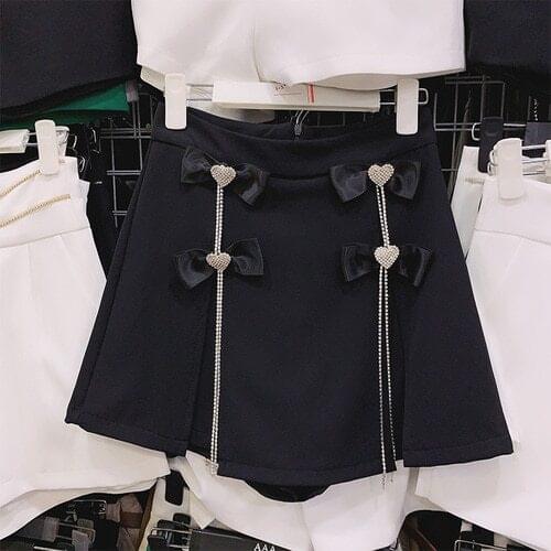 Womens Skirts Summer Wear High Waist Wide Leg Short Bow Diamond Design White Temperament Mini Skirts Femme White Black