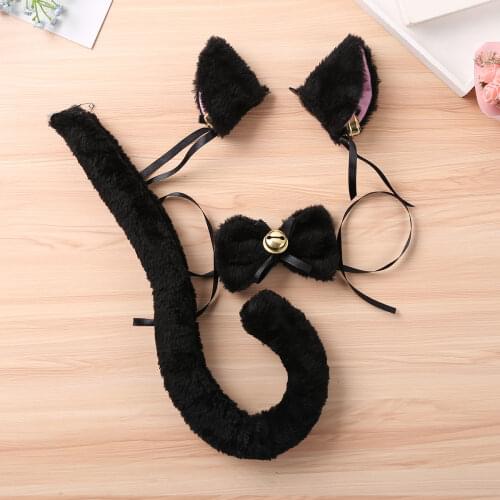 Women Female Girls Cat Ears Hair Hoop/Head Hoop with Bow Tie Tail Set Halloween Party Dress Up Cosplay Costume Accessories