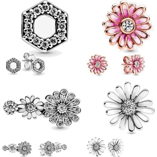 Fashion 100% 925 Sterling Silver Earrings Pink Daisy Flower Stud Earrings Women Anniversary Engagement Jewelry Gift