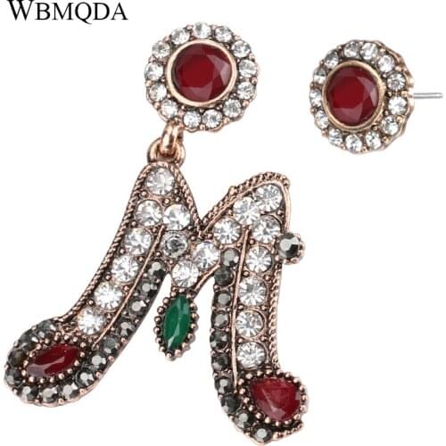 2018 New Vintage Turkish Earrings For Women Antique Gold Color Letter M Asymmetry Stud Earring India Style Jewelry