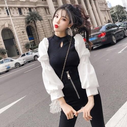 Women Loose V Neck Sweater Long Sleeve Pullover Fashion Stitching Femme Knitted Top Sweaters