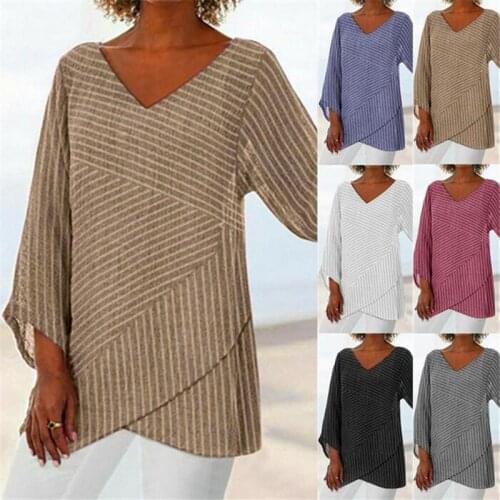 New V-neck Cross-Striped Womens Top Large Size Solid Color Casual Long-Sleeved 2020 Autumn Womens Tops Solid Color Loose S-5XL