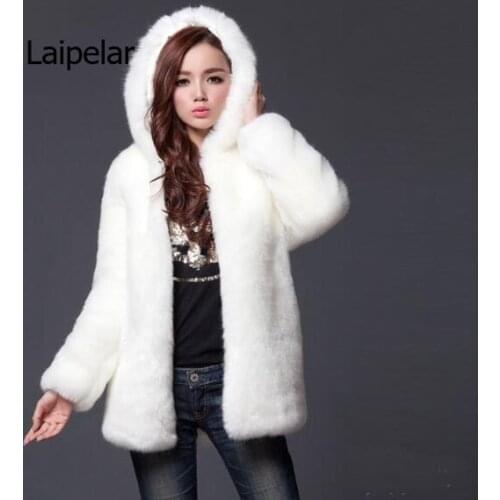 High quality autumn winter Faux fur coat hooded imitation rabbit fur women long coat fake fur jacket plus size white