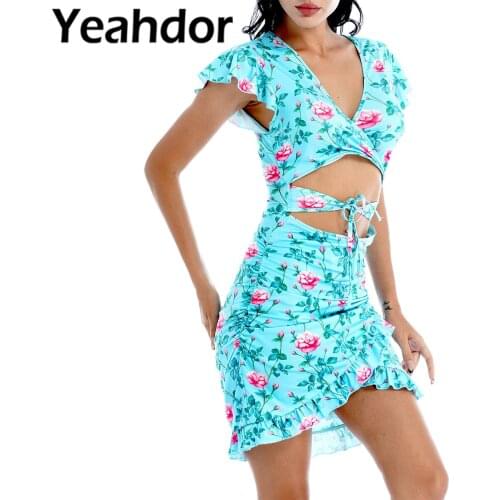 2021 Women Sexy Floral Print Dresses Summer Streetwear Deep V Neck Sleeveless Hollow Out Waist Irregular Hem A-line Dress