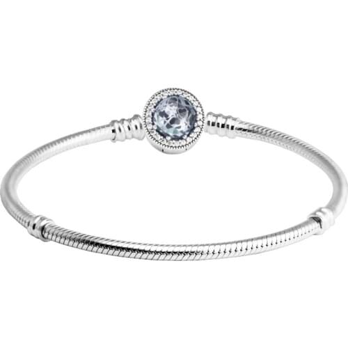 100% 925 Sterling Silver Snake Chain Bracelet with Blue Crystal Clasp Fits Silver 925 Charms Beads Women Jewelry DIY Making