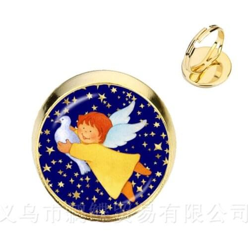 16mm Round Glass Cabochon Handmade Christmas Angel Adjustable Rings For Women Girls Party Favor Ring Jewelry Xmas Gift