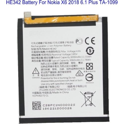 1x HE342 3060mAh /11.78Wh Replacement Battery For Nokia X6 2018 6.1 Plus TA-1099 TA-1109 X5 5.1 Plus Batteries Bateria