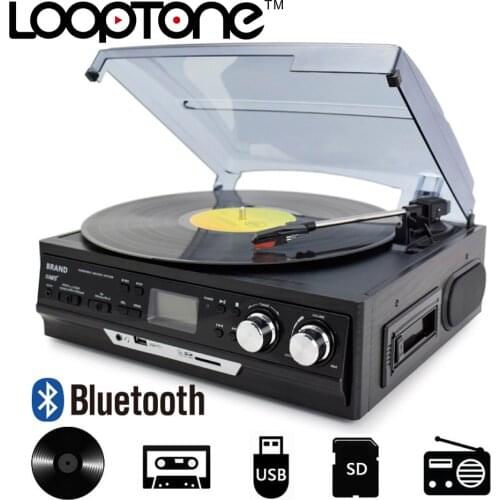 LoopTone 3-Speed Bluetooth Vinyl LP Record Player Turntable Built-in Speakers Gramophone AM/FM Radio Cassette USB/SD Recorder