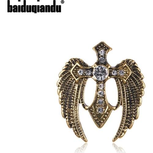 Baiduqiandu new arrival antique gold color plated vintage sword and wing cross brooch pins