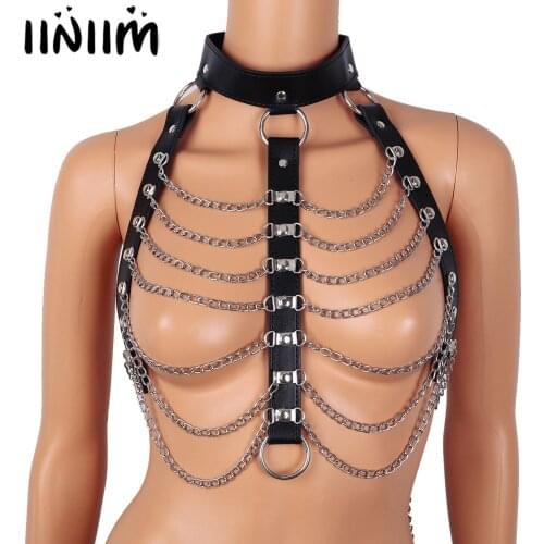 Unique Bondage Womens Leather Punk Gothic Body Chain Tassel Chest Belt with Lock Pole Dance Costumes Cosplay Novelty Parties Top