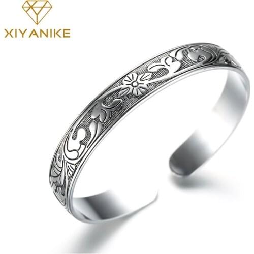 XIYANIKE 925 Sterling Silver Cuff Bracelet for Women Vintage Fashion Plum Flower Party Accessories Thai Silver Jewelry Gifts