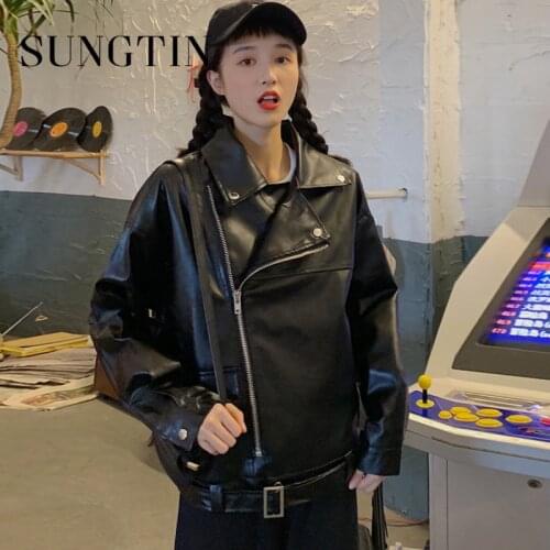 Sungtin Brand New Fashion Womens Beige Biker Leather Jacket Motorcycle Faux Pu Leather Jackets Black Coat Streetwear Belt 2020