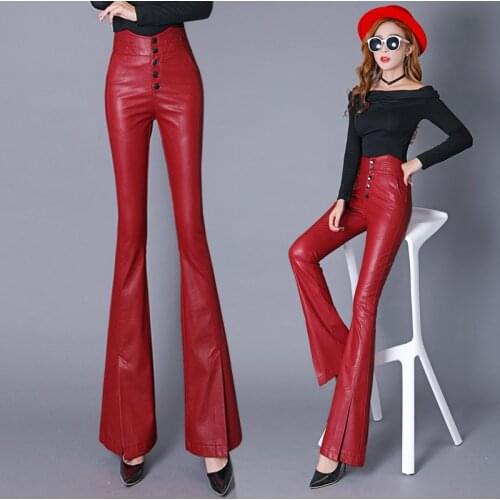 New Women PU Trousers Sexy Bodycon PU Faux Leather Pants Solid High waist Casual PU Flare pants Women Pants Pantalon Femme